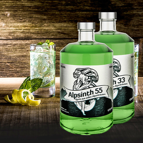 Bottles and glass of Alpsinth – Quality Europe products